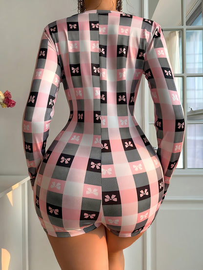 Women'S Shorts Jumpsuit with a Bow Print, Alluring Design Featuring a Deep V-Neck And Long Sleeves, Perfect for Casual Home Wear Or Street Outings, Ideal for a Feminine Date, Trendy Street Outfit.