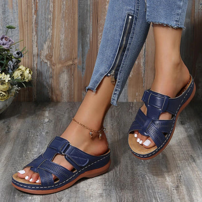 Women's Solid Color Platform Sandals, Slip On Cross Straps Casual Wedge Retro Shoes, Summer Versatile & Comfy Shoes