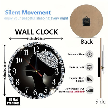 2D Flat 1pc Diamond Woman Silhouette Wall Clock, 9.8" Round Wooden Kitchen Decor with Sparkling Rhinestones, Easy to Read, Silent, No Drip, Requires 1 AA Battery, Bedroom, Office, Bedroom Wall Clock | Elegant Wall Clock | Woo