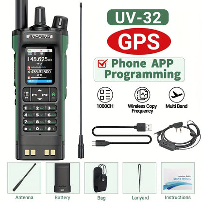 BAOFENG UV-32 10W GPS Ham Radio with APP Programming, NOAA Weather Alert, 2500mAh USB-C Rechargeable Battery, 400-520MHz Long Range Handheld Two-Way Radio for Hunting Fishing Outdoor Adventures, Ergonomic Design, High Quality