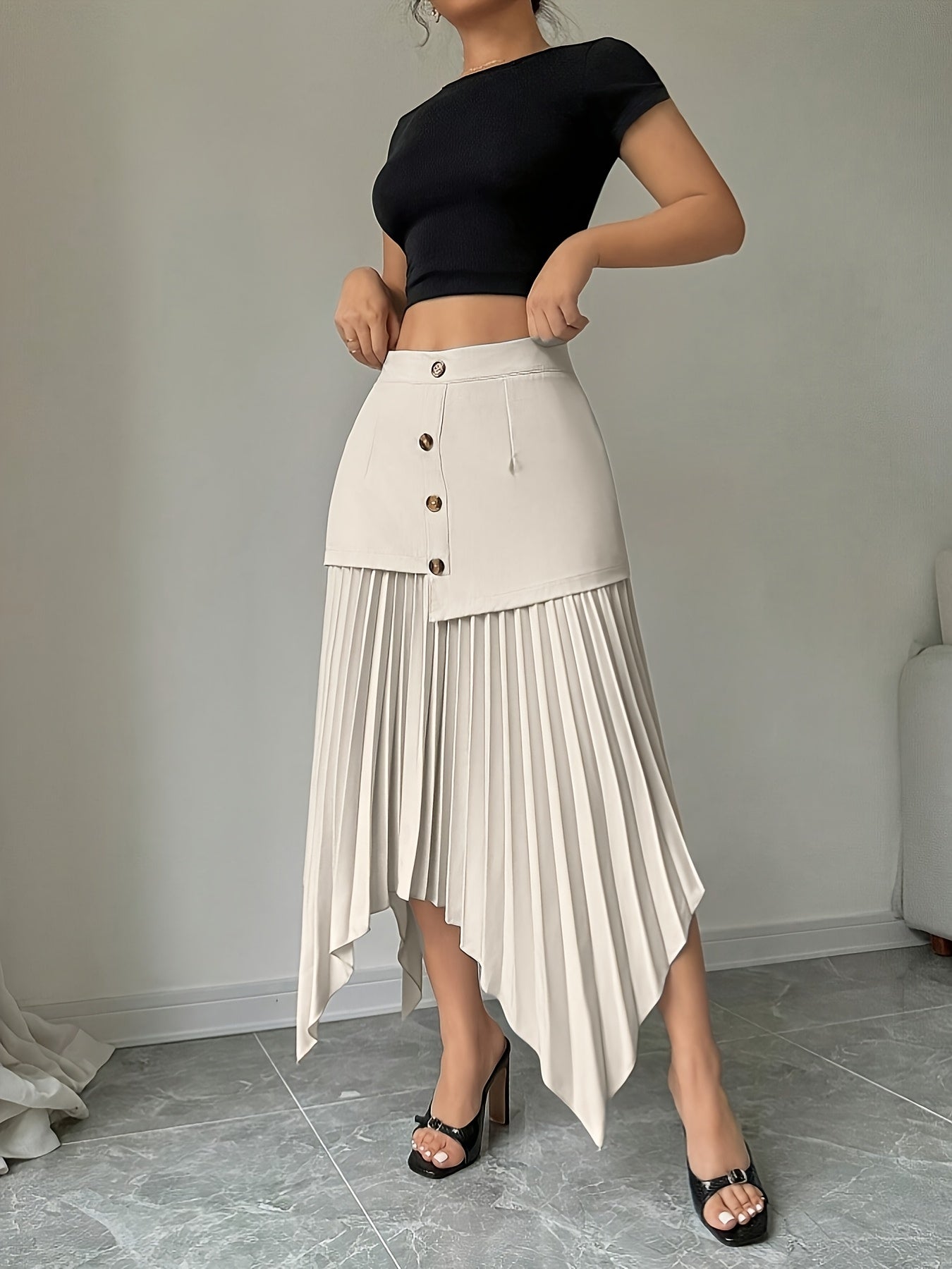 A Spring Season Skirt with an Asymmetrical Pleated Hem And Front Buttons, an Elegant Autumn Skirt with a Unique Button Closure And Pressed Pleats - Machine Washable for Casual And Formal Wear in Spring And Summer