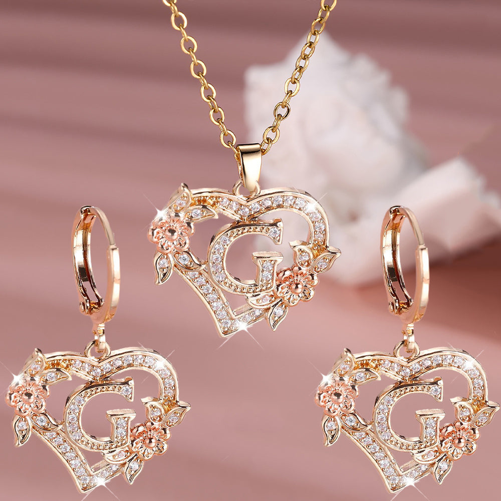 3pcs Women's Initial Jewelry Set - Heart-Shaped Interlocking Link Necklace & Earrings with 26-Letter Monogram, Elegant Golden-Tone -Accented Letters, Dainty Everyday Gift for Mother's Day, Graduation, Birthdays (Pink & Clear