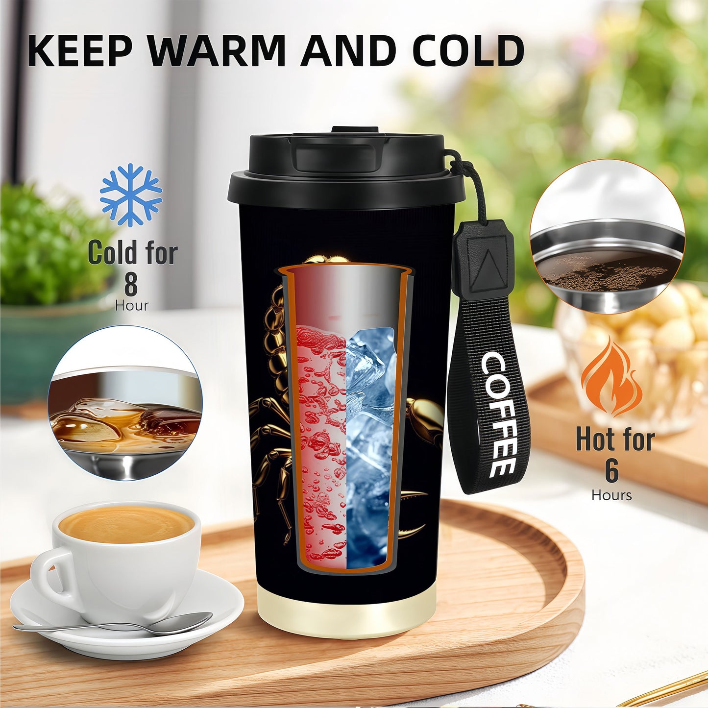 1pc 18oz Stainless Steel Tumbler with Golden Scorpion Design, Leak-Proof, Reusable Coffee Cup & Mug, Anti-Slip Base, Perfect Gift for Halloween, Christmas, Easter, Thanksgiving, Graduation, Coffee Travel Mug