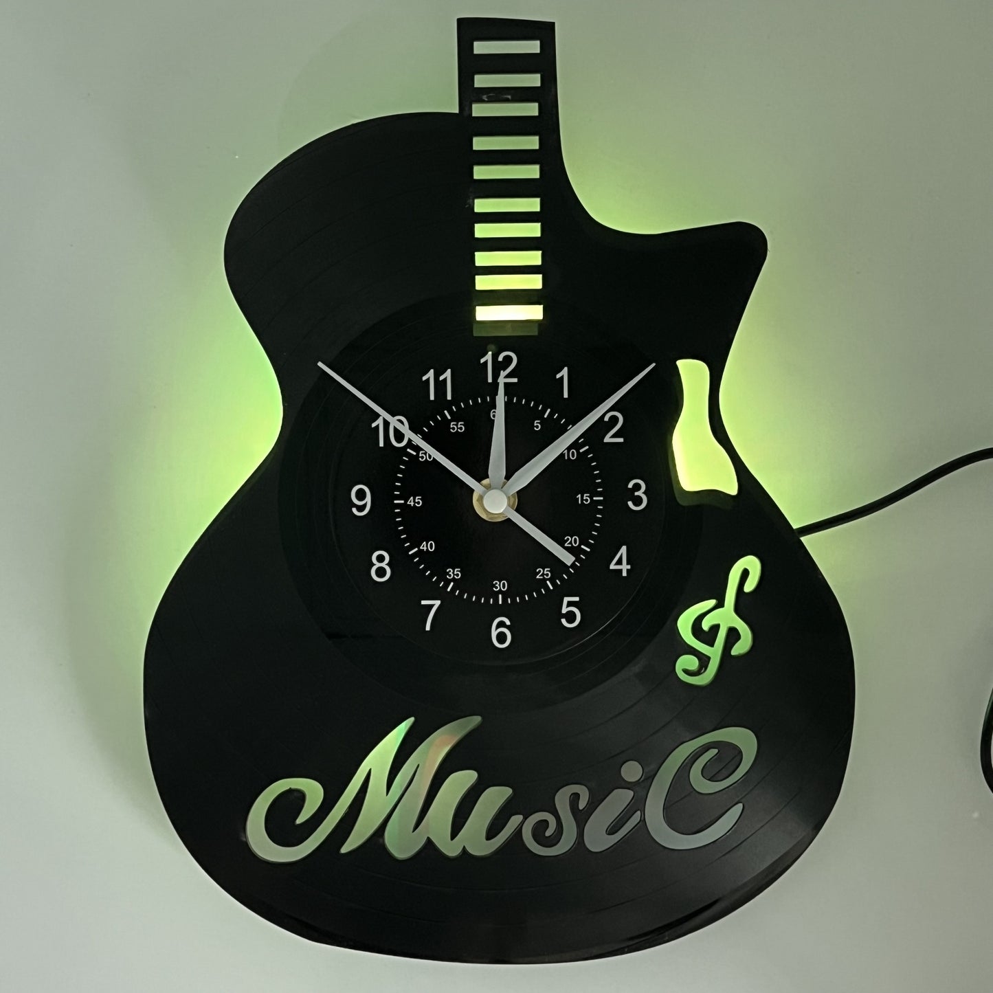 Handmade Guitar-Shaped Vinyl Record LED Wall Clock - Unique Musical Theme, Irregular Shape, Flat Crown, Digital Display, Battery Operated (AA Not Included) - Ideal for Living Room, Bedroom, Office, Music Room Decor - Perfect