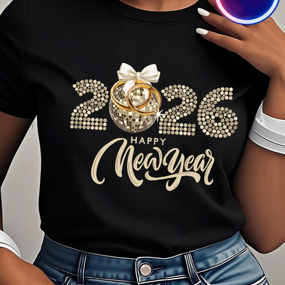 Women's 2026 New Year T-Shirt - Casual Round Neck Short Sleeve - Black & Golden Party Outfit for NYE 2026 Celebrations - Golden 2026 Number & Happy New Year Lettering with Rhinestone-Like 2026 Accent (Machine Washable)