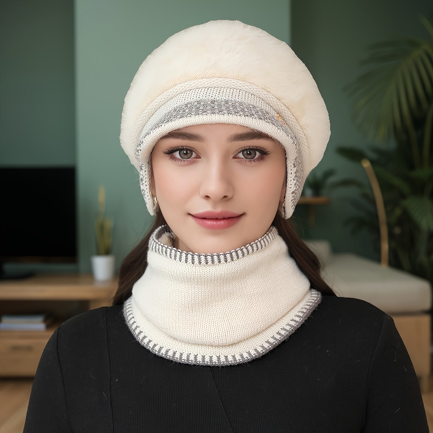 1pc Women's Winter Warm Ears- -like Hat with Elastic - Adjustable Toggle Closure, Soft Beige/Brown Tassels - Lightweight Warm for Elderly/Grandmothers/Mothers - Christmas/Hiking/Running - European-Inspired Gift (