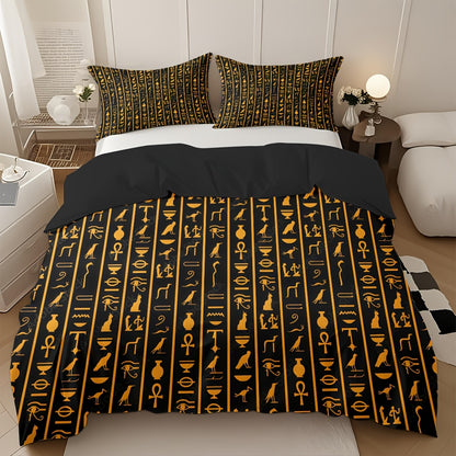 3pcs Egyptian Hieroglyphs Duvet Cover Set - Soft High-Definition Digital Print, Black And Golden Design, Breathable 100% Polyester, All-Season Use, Perfect Gift for Family And Friends, Machine Washable (1 Duvet Cover + 2 Pill