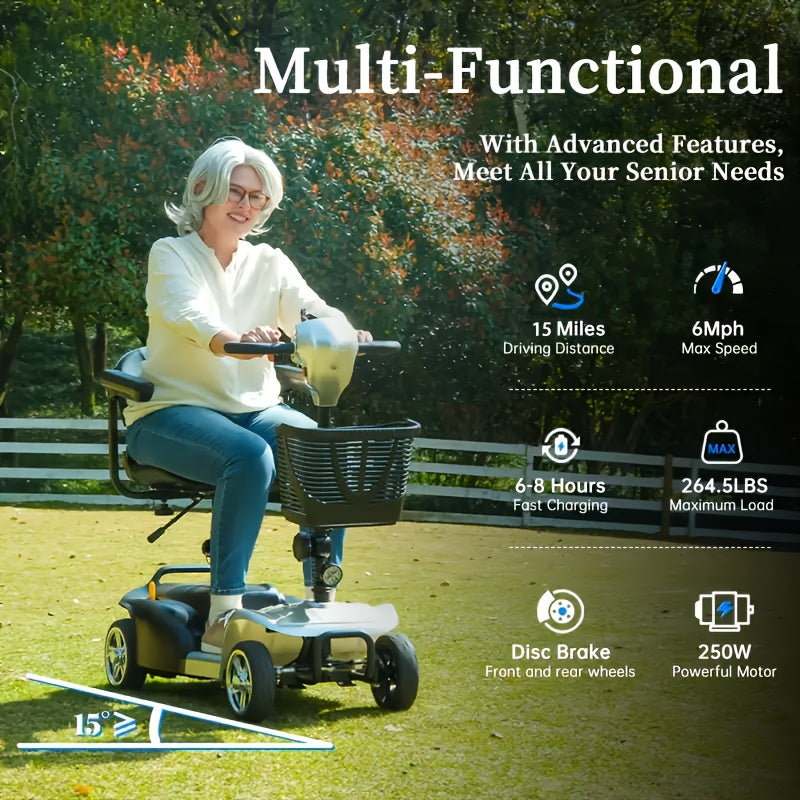 Adult And Mobility Scooter: 250W Four-wheel Foldable Scooter with A Speed Of 6 Mph, 24V 13Ah A Range Of 15 Miles, A 360° Swivel Seat, A Removable Shopping Basket And LED Headlights.