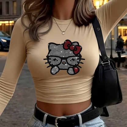 [Printed Design – Not Textured] HELLO KITTY Classic IP Collaboration Autumn/Winter Women's Y2K Long-Sleeve High-Waist T-Shirt. Features Sanrio All-Star Kitty, Pompompurin, Kuromi, and My Melody Print Designs. Cute, Sweet, a