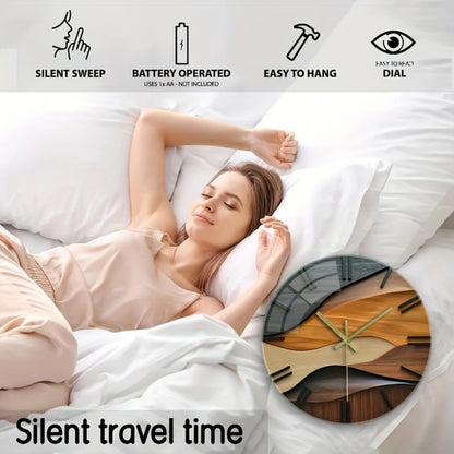 12-Inch Silent Modern Minimalist Wood Grain Wall Clock - Thickened Reinforced Glass Face, Japanese Automatic Movement, Battery-Powered (AA Battery Not Included) - Black/Beige/Brown Contemporary Round Design for Living Room, B