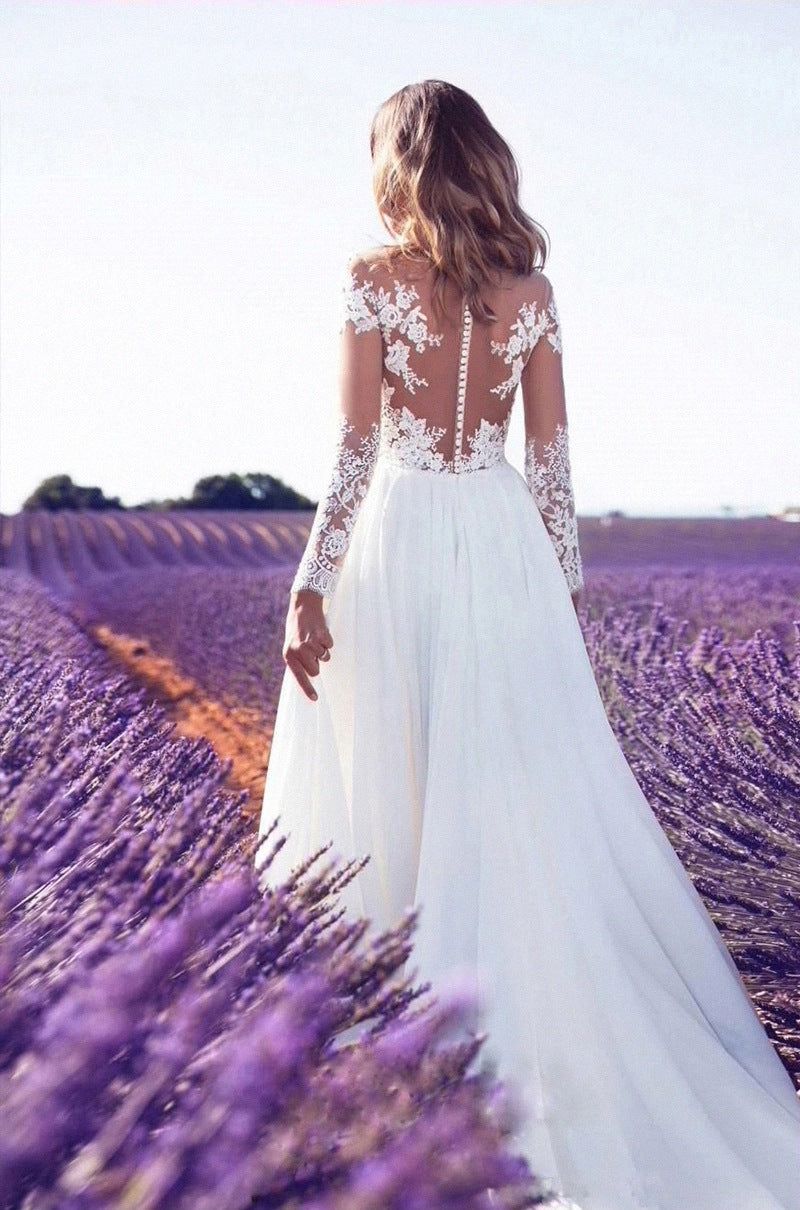 Long Sleeved See Through Lace Slit Dress, Women'S Wedding Bridesmaid Dress, Long Dress, Slim Fit, And Elegant Evening Dress