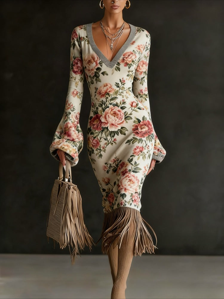 Autumn And Winter New Cross-border European And American Style Flower Dress, Loose V-neck Long Sleeves, Retro Tassel Decoration Exquisite Printing, Skin-friendly Pendant Without Wrinkle, Daily Dating Commuting Versatile Cross