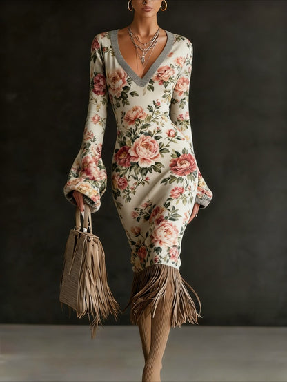 Autumn And Winter New Cross-border European And American Style Flower Dress, Loose V-neck Long Sleeves, Retro Tassel Decoration Exquisite Printing, Skin-friendly Pendant Without Wrinkle, Daily Dating Commuting Versatile Cross