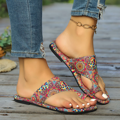 Women's Bohemian Floral Slide Sandals - Slip-On Open Toe Summer Shoes with Pink, Lightweight Flat Sandals for Beach, Casual Outfits - Easy Slip Closure & Non-Slip PU Sole, Beach Footwear