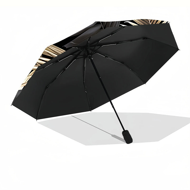 Automatic Open/Close Umbrella with One-Touch Button - Windproof 8-Rib Sturdy Frame, Black & Golden Leaf Design - Compact Travel Umbrella with One-Button Closing Mechanism for Men & Women, Automatic Open/Close, Black & Golden/