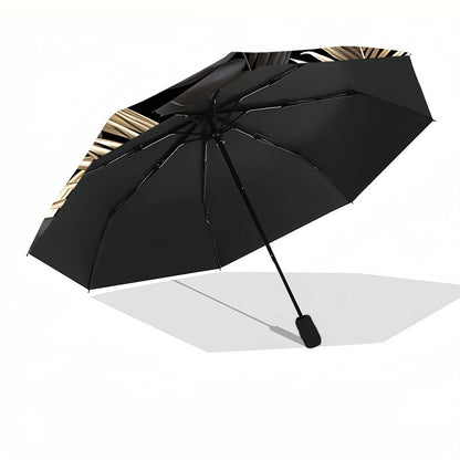 Automatic Open/Close Umbrella with One-Touch Button - Windproof 8-Rib Sturdy Frame, Black & Golden Leaf Design - Compact Travel Umbrella with One-Button Closing Mechanism for Men & Women, Automatic Open/Close, Black & Golden/