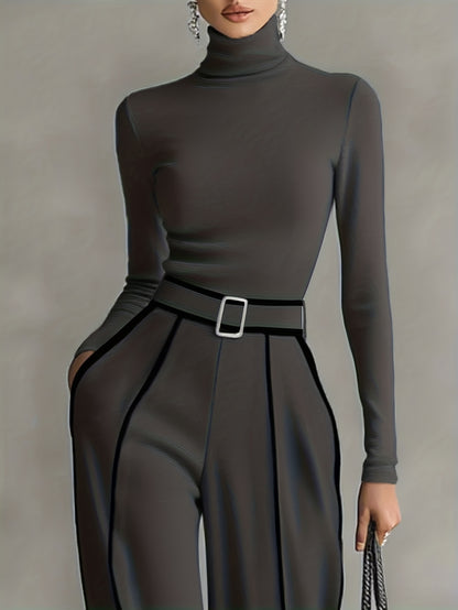 Women's Two-Piece Set: High-Neck Long-Sleeve Top with Contrast Straight-Leg Pants Featuring Pockets and Belt, Elegant and Versatile Design for Autumn/Winter Commuting