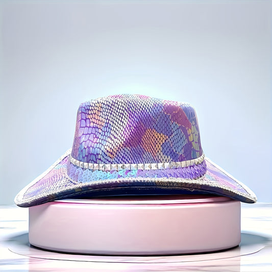 HONGLUAN Sparkly Rhinestone Cowboy Hat for Women & Men - Shiny Purple Iridescent Western Hat with Wide Brim, Multicolor (Pink/Blue/Purple/Green) Bling Design, Durable for Country Parties, Music Festivals, Halloween, Christmas