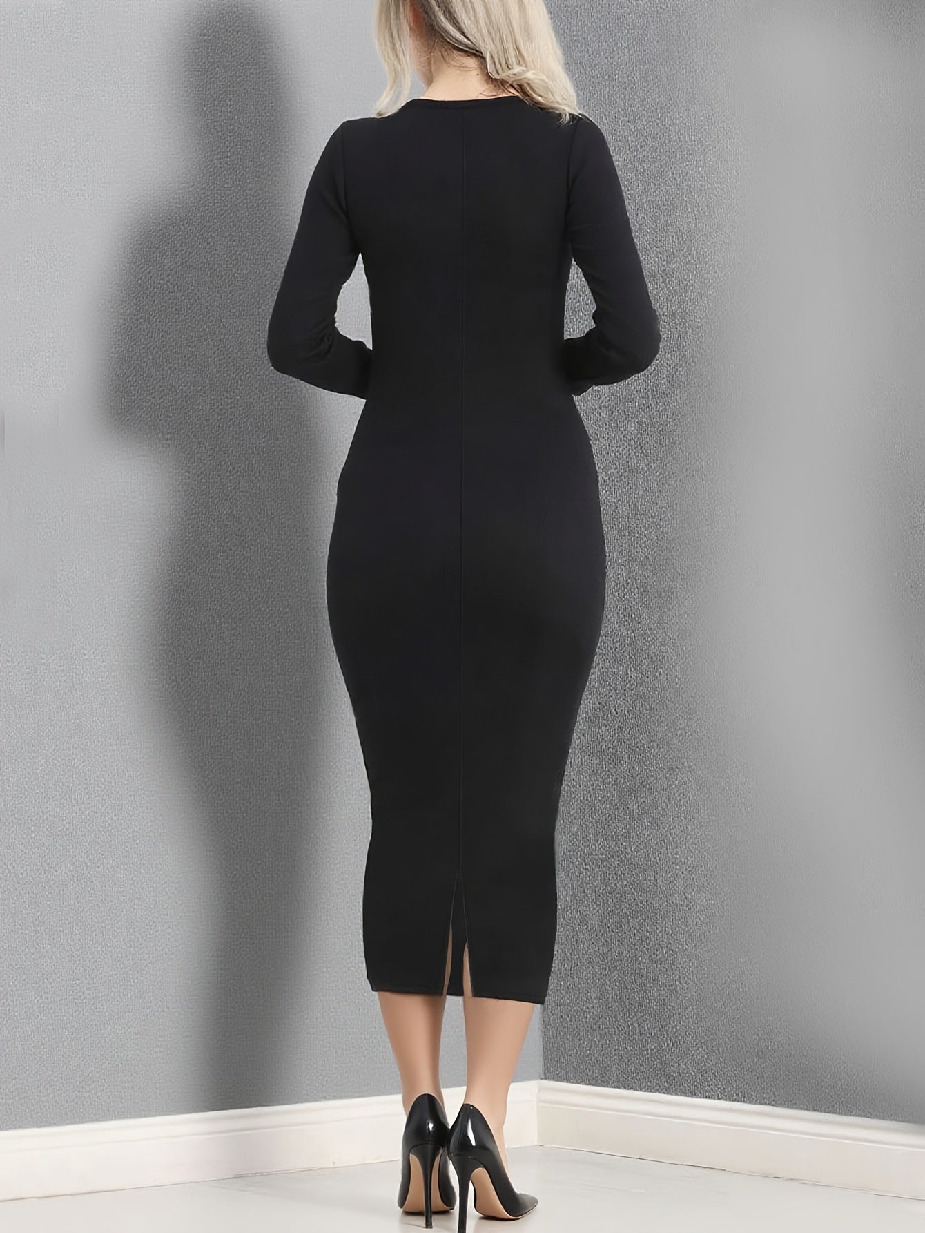 Women's Elegant Stretchy Long Sleeve Maxi Dress with Round Neck & White "Thank You Jesus" Print - Machine Washable High-Stretch Knock-Knee Slim Fit Formal & Casual Church Event Dress, All-Season Black Long Dress