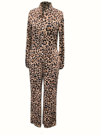Women'S Leopard Print Jumpsuit - Casual & Vacation Style, Long Sleeve, Waist-Cinched, Polyester, All-Season Wear, Brown & Black Design, Elegant Design for Adult
