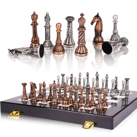 Deluxe Vintage Metal Chess Set for Adults - Marble Pattern Board & Pieces, Portable Folding Design, Ideal for Beginners to Pros
