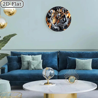 10x10 Inch Round Wooden Wall Clock with Tiger Head & Orange Leaves Design - Silent Non-Ticking Battery-Powered Modern Black/White Face, Golden Hands - Home Office Bedroom Decor, Wildlife-Themed Gift for Halloween Christmas (A