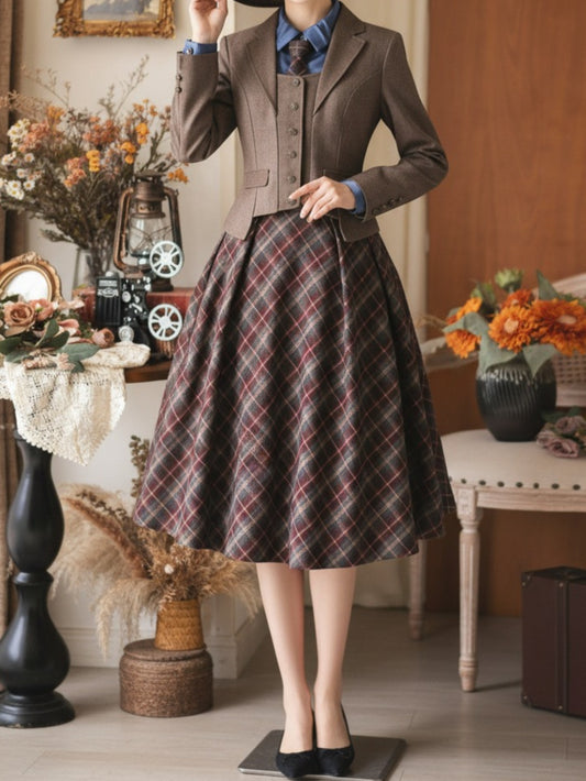 Brown Blazer + Plaid Midi Skirt Women's Vintage-Chic Suit Set Luxurious Retro Elegance with British Flair, Perfect for Fall/winter Office Wear. Skirt Sold Without Petticoat; Petticoats Available for Separate Purchase In-store