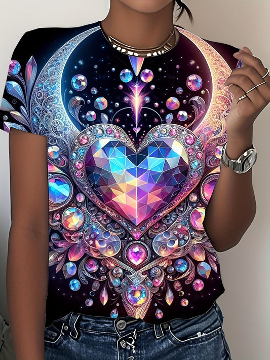 Stylish Plus Size Color Heart Print Tee - Women'S Plus Size Casual Crew Neck Short Sleeve T-Shirt For Everyday Wear - Soft, Breathable, And Comfortable