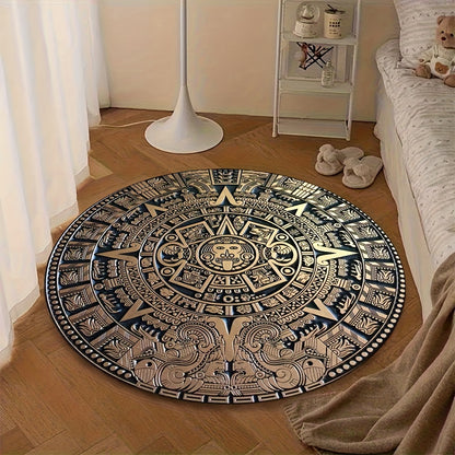 Mayan Tribal Round Area Mat - Large Black & Golden Ancient Mayan Calendar Design - Machine Washable Non-Slip Mat for Living Room, Bedroom, Game Room - Durable Floor Mat with Cultural Home Decor - Extra Large Rugs for Living R