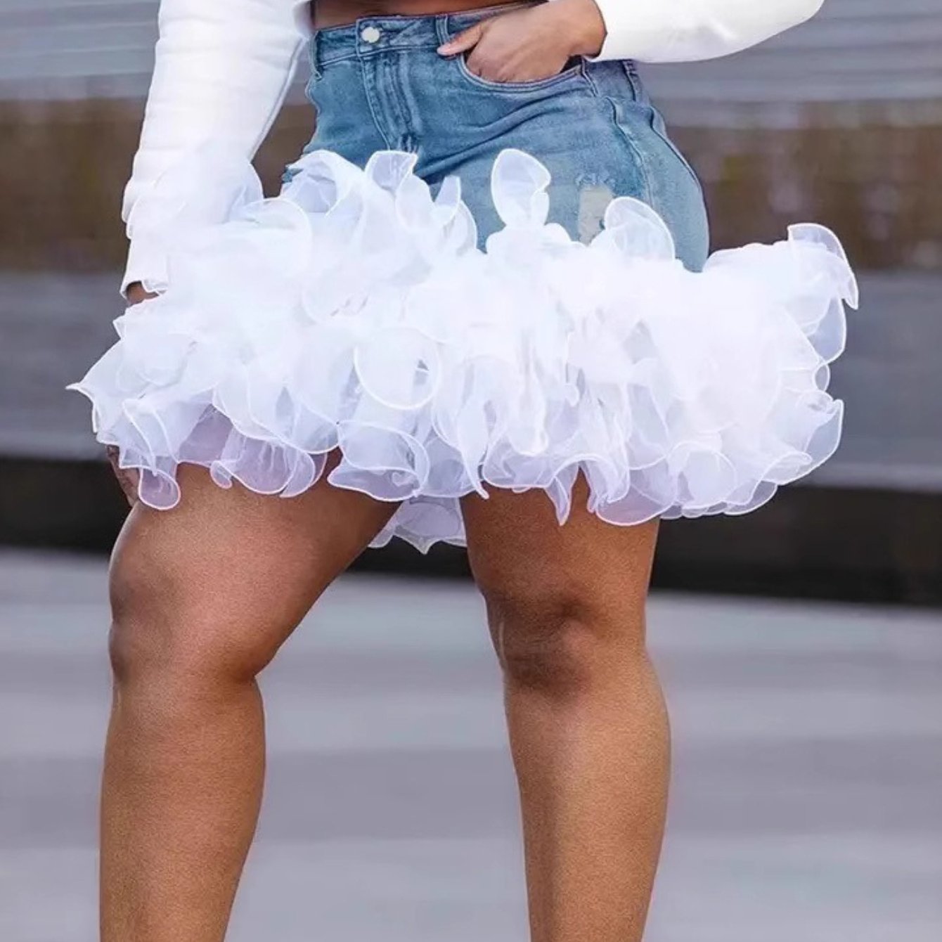Plus Size, Plus Size Women's Summer 2025 New Tulle Splicing Washed Sexy Denim Skirt Short Skirt