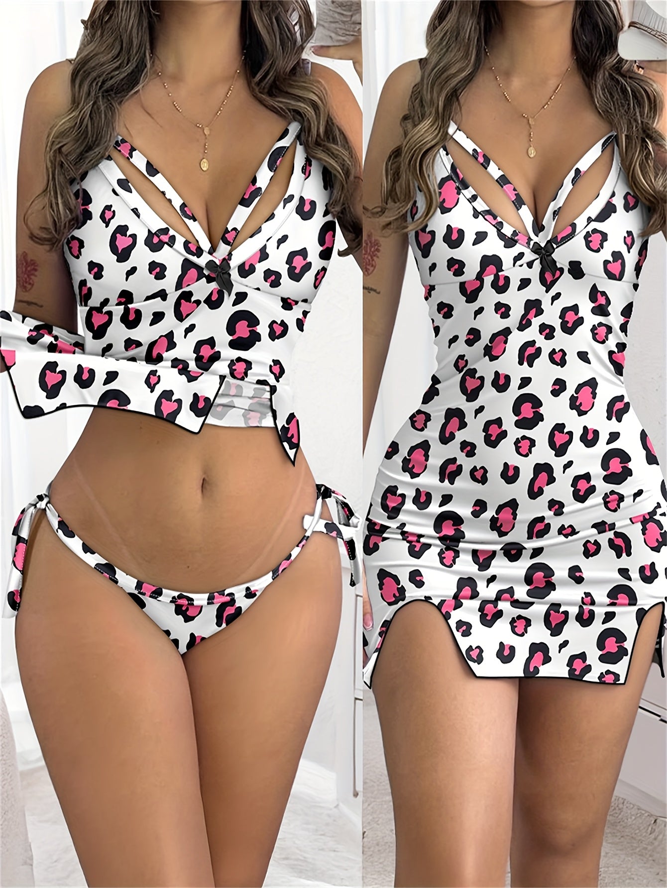 Heart Plaid Print Spaghetti Strap V Neck Slim Fit Slit Sleepwear