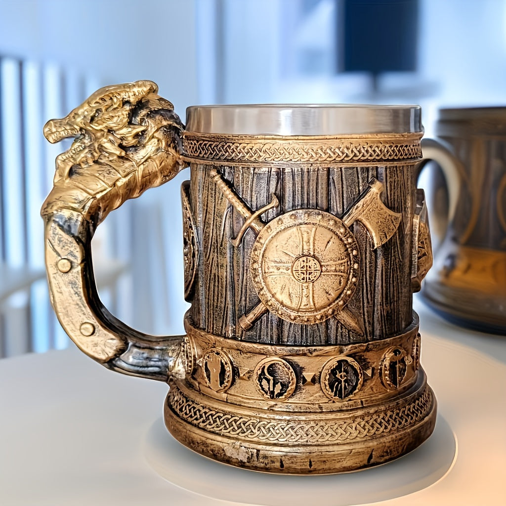 Vintage Medieval Handle Beer Mug: 600ml/20.29oz Large Capacity Stainless Steel Mug - Perfect for Summer Beverages, Coffee, or as a Men's Birthday Gift - Hand Wash Only - Resin Cup Collection
