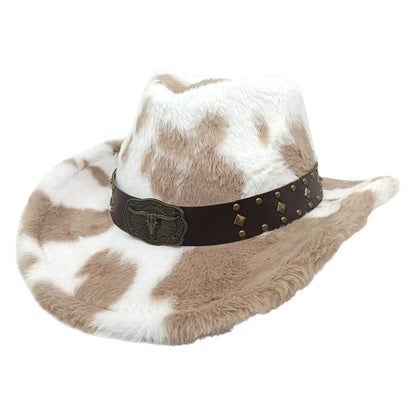 Warm Plush Fuzzy Cowgirl Hat with Bull Head Belt - Unisex Western /H Cow Spot Jazz Cap for Rodeo, Ranch, Themed Parties | Hand Washable for men & women