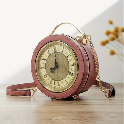 Vintage-Inspired Clock Handbag with Adjustable Strap – Stylish Round Design in Caramel, Pink, or Black – PU Material, Zip Closure, Perfect for Casual Outings