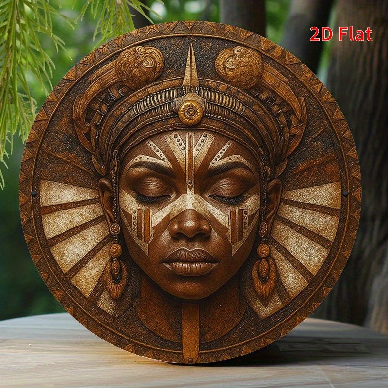 2D Flat, 1pc African Mask Round Metal Wall Art - Vibrant & Tranquil Decor for Living Room, Bedroom, Porch, Front Door - No Electricity Needed, Artistic Design with Textured Metal Finish, Perfect for Room Decor, African Home D