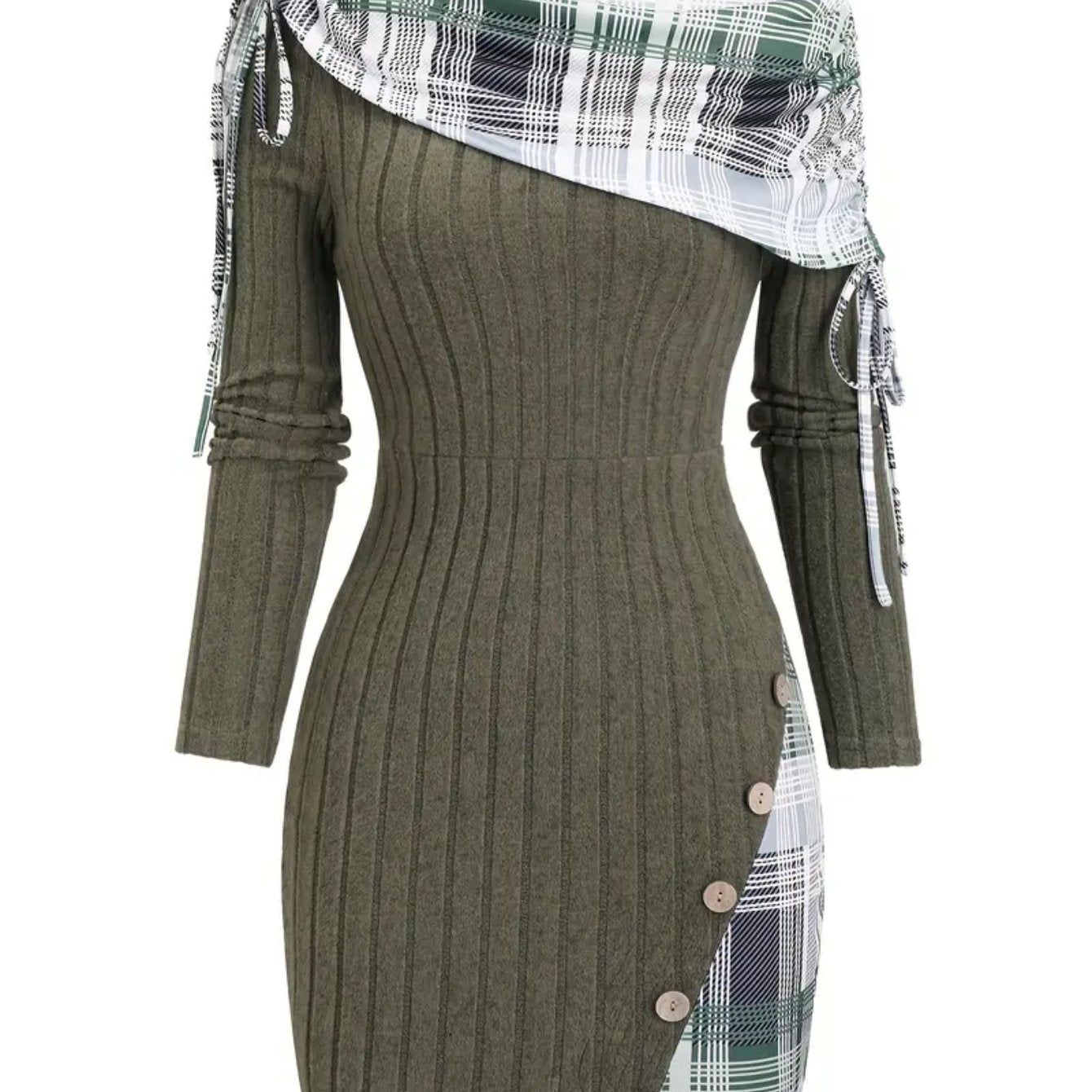 Women's Olive Green Checkered Patchwork Dress - Asymmetric Slant-Shoulder Button Neckline, Fitted Winter Dress for Autumn/Winter, Elegant for everyday to date Outfits (Non- Base Layer Compatible with)