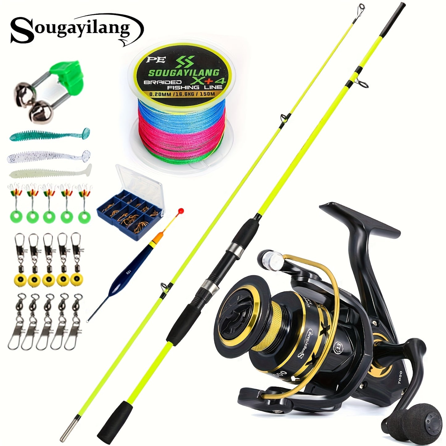 Sougayilang Fishing Rod and Reel Set, Two-Section Straight Handle Spinning Reel Combo with 5.2:1 Gear Ratio for Blackfish, Trout, Bass, Dogfish, and Carp - Beginner-Friendly Complete Tackle Kit with Random Color Line and Bait
