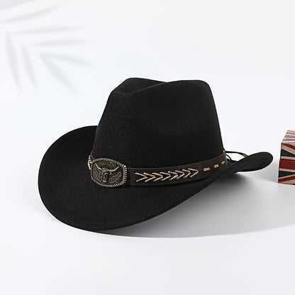 2pcs Western Cowboy Hats for Men & Women - Classic Wide Brim with Metallic Bull Headband, Black PVC-Coated Non-Stretch Fabric, Reinforced Stitching, Hand Wash/Dry Clean - Perfect for Parties, Cosplay, Themed Events & Gifts, C