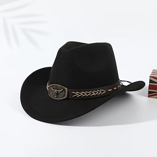 2pcs Western Cowboy Hats for Men & Women - Classic Wide Brim with Metallic Bull Headband, Black PVC-Coated Non-Stretch Fabric, Reinforced Stitching, Hand Wash/Dry Clean - Perfect for Parties, Cosplay, Themed Events & Gifts, C