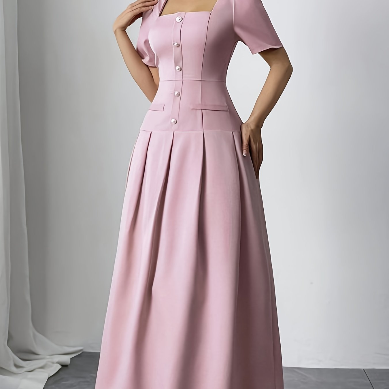 Women's 2026 Summer Elegant Minimalist Square Neck Puff Sleeve Waist Cinched Slim Fit Maxi Dress