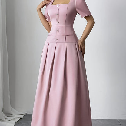 Women's 2026 Summer Elegant Minimalist Square Neck Puff Sleeve Waist Cinched Slim Fit Maxi Dress