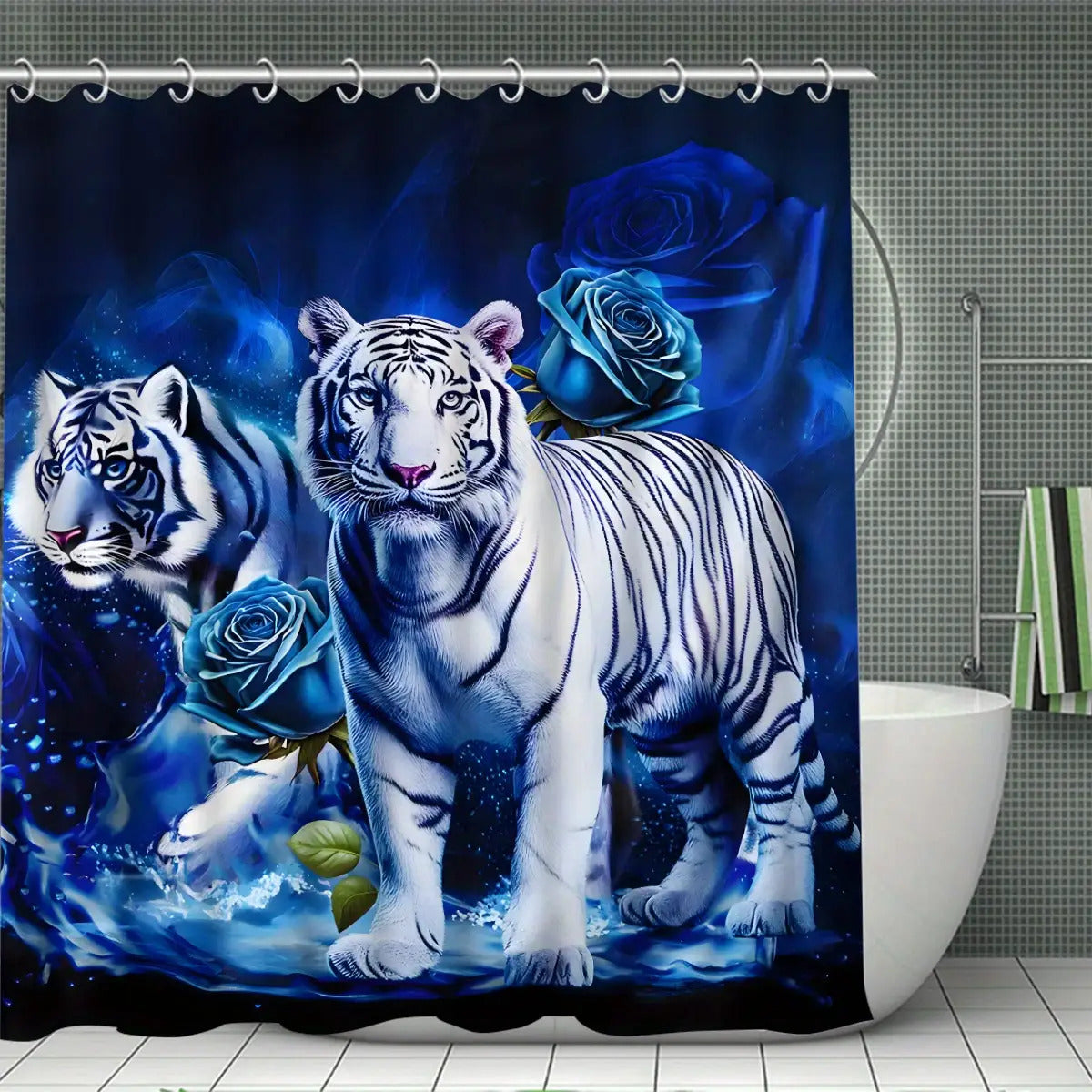 4pcs White Tiger & Blue Rose Bathroom Set - Wet/Dry Shower Curtain System with Non-Slip Mats, Toilet Lid Cover & U-Shaped Mat, 12 Hooks - Luxury Animal Print Bath Decor (Machine Washable, All-Season Use)