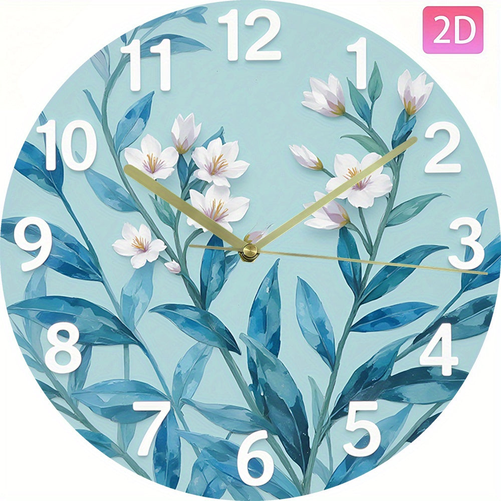 Modern Large Face Wall Clock with Pastel Green-Blue Leaf & Golden Hands - Large Black Numerals, Round Silent Non-Ticking Battery-Powered (No AA Batteries Included) - Large White Face for Living Room, Bedroom,,, 2D Flat