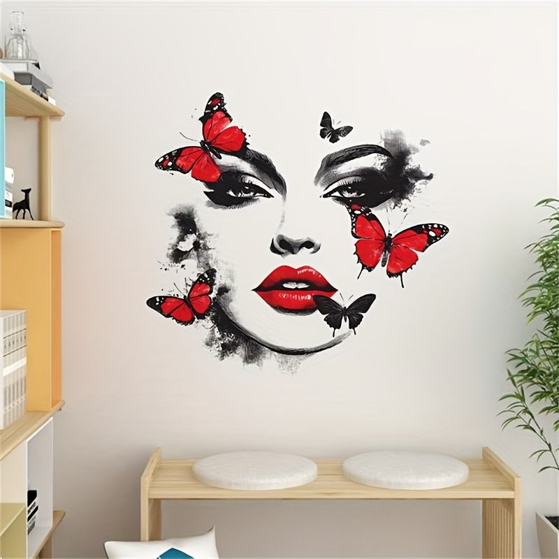 Unique Beauty and Butterfly Pattern Wall Sticker, Ink Brush Strokes Add Artistic Atmosphere. Red and Black Color Scheme Eye-catching, Instantly Elevates the Ambiance of Spaces like Bedrooms and Living Rooms. Easy to Apply and