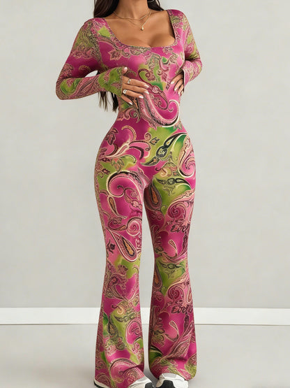 Women's Jumpsuit Set, Casual Fashionable Sexy, Loose U-Neck Cut, Slim Fit, Pink Green Paisley Print, Long Sleeve Flared Leg, Versatile Use, Suitable for Multiple Occasions & Seasons, Ideal for Outdoor, Comfortable Fit