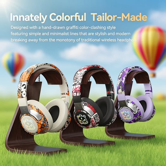 Christmas Gift, Graffiti Style Over-Ear Headphones with Wired/Wireless Dual Mode Listening Support, 360° Sound Surrounding the Ears for Full Immersive Music Experience. Stylish Design and Lightweight Body Ensure Comfortable