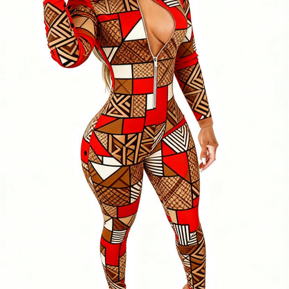 Women's Lightweight Full-Body Animal Print Jumpsuit - Zipper Front Long Sleeve Suit, Tight-Bodied One-Piece for All-Season Casual Wear, Machine Washable y Outfit ( Collar)
