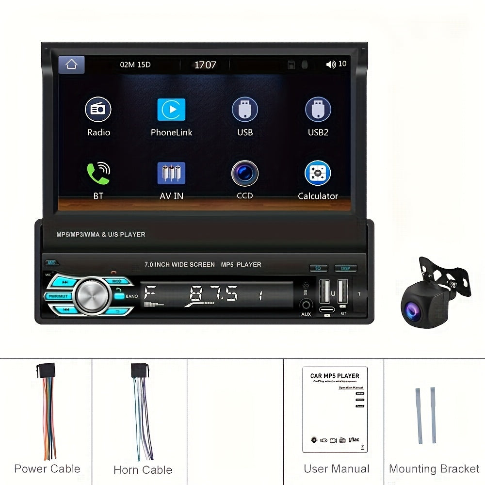 Podofo Wireless Carplayer - Single Din Car Stereo - 7 Inch HD Flip Out Touchscreen Car Radio - with Wireless Car Player Android Auto, Wireless, Type-C/USB/TF/AUX, SWC, FM, Voice Control, Backup Camera