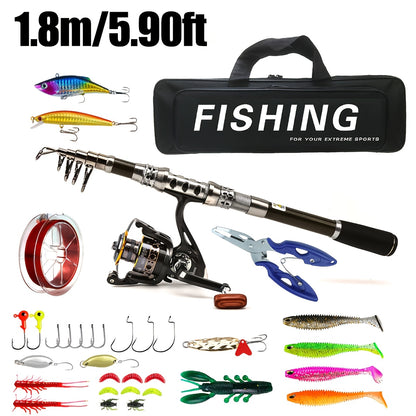 Carbon Fiber Telescopic Fishing Rod and Reel Combo with Spinning Reel - Fast Action Light Power Lightweight Travel-Friendly Freshwater & Saltwater Fishing Kit, Collapsible Design with Carrier Bag, Lures, Hooks, Pliers & Acces