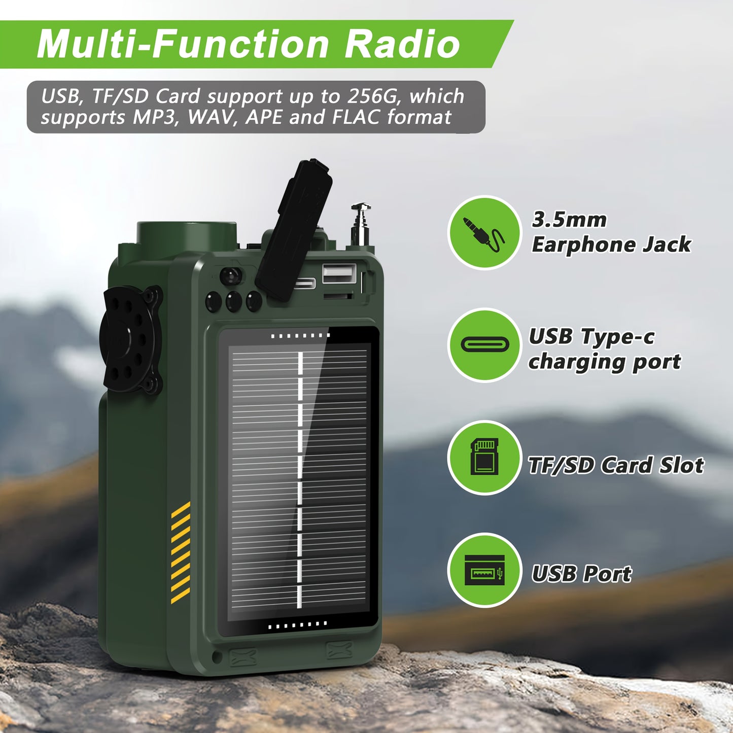 AM FM WB Radio, White Noise, 5W Speaker with Vibration Hand Crank/SOS/Torch, Full Band Digital Shortwave Radio, USB/TF Emergency Supporlarge Solar Panel